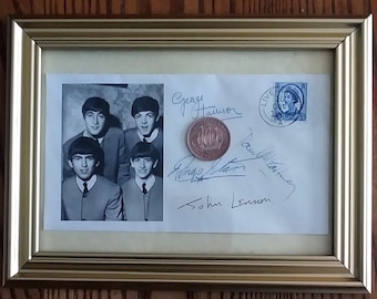 Meet the Beatles! Framed 1964 Commemorative Fantasy Envelope w/Iconic Photo/Signatures and British Coin and Stamp