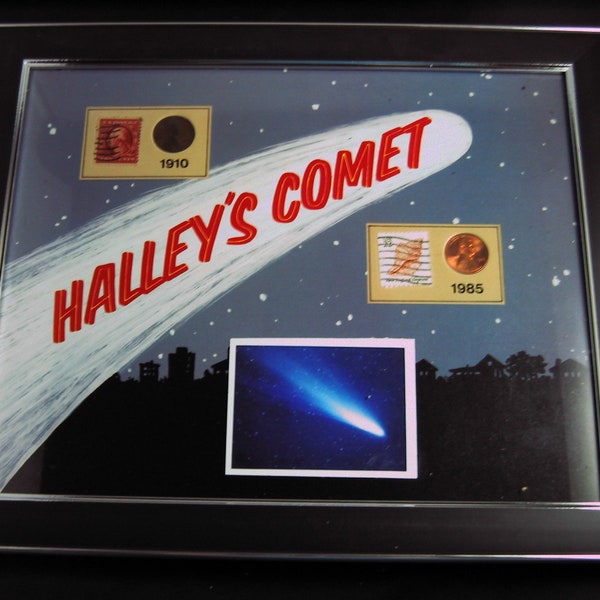 Framed HALLEY'S COMET Memorabilia 1910-1985  Photo plus 1910- 1985 Coin/Stamp Set No. 2