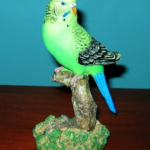 Green BUDGIE PARAKEET Detailed Colorful Resin Figurine on stand by Chesapeake Bay
