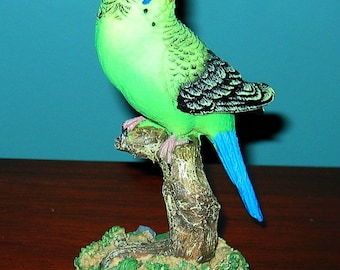 Green BUDGIE PARAKEET Detailed Colorful Resin Figurine on stand by Chesapeake Bay