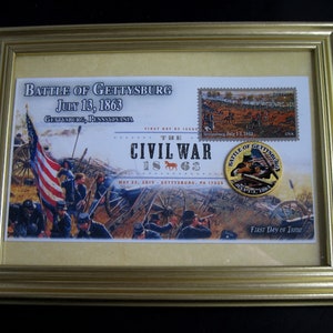 Framed 1863-2013 CIVIL WAR Commemorative Envelope &quot;Battle of Gettysburg&quot; plus JFK Colorized Half Dollar