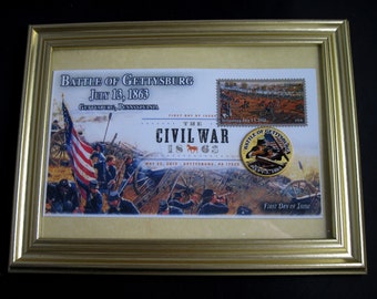 Ingelijste herdenkingsenvelop CIVIL WAR 1863-2013 'Battle of Gettysburg' plus ingekleurde JFK-halve dollar