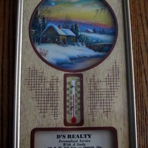Antike Werbekarte mit Thermometer in Messingrahmen D's Realty, Ontario, Oregon - Tolle Szene