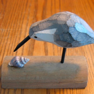 Cute Shore Bird SANDPIPER all Wood Carving on Driftwood type wooden stand w/seashell- Type 2