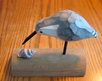 Cute Shore Bird SANDPIPER all Wood Carving on Driftwood type wooden stand w/seashell- Type 2