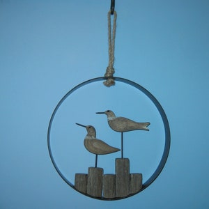 Two Shore Birds Sandpipers on pilings Carving- Steel Hoop Hanger- 10&quot; in diameter with Rope.