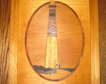 Barnegat Lighthouse, 1857 "Old Barney"  BEAUTIFUL WOOD Inlay MARQUETRY  by Hudson River Artist Jeff Nelson