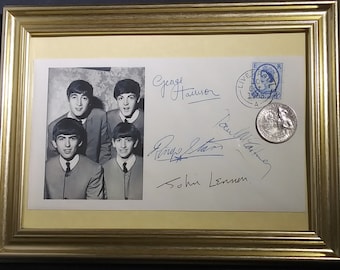 Meet the Beatles! Framed Commemorative Fantasy Envelope w/Iconic Photo/Signatures and USA Drummer Coin and British Stamp