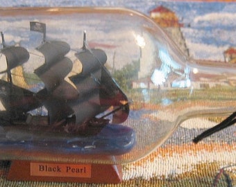 Pirate Ship in a Bottle-- BLACK PEARL  3 Masted-8 1/2" long w/B0NUS Spanish Replica Doubloon