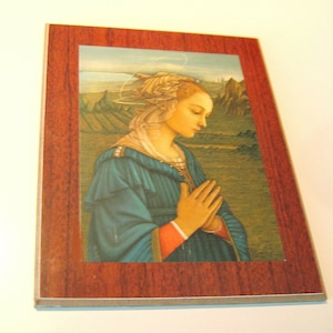 Beautiful ICON of a young prayerful Virgin Mary on wood. Ready for hanging.