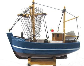 Wooden FISHING BOAT Trawler Model Ship 6" Long- Fully Assembled- Blue/White Hull