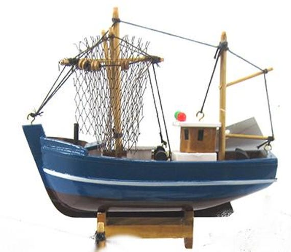 Wooden FISHING BOAT Trawler Model Ship 6" Long- Fully Assembled- Blue/White Hull