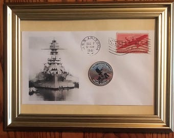 Framed 1941 Commemorative Envelope on the Sinking of the USS ARIZONA at Pearl Harbor w/Ship Photo, JFK Half Dollar & Vintage Stamp