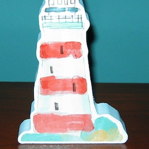 Cat&#39;s Meow type Watercolored RED STRIPED Lighthouse Wooden Display