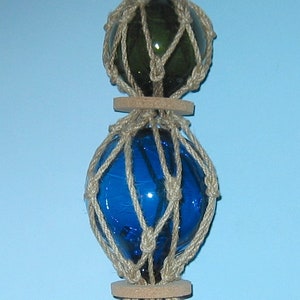 Nautical GLASS FISHING FLOATS with Macrame 22&quot; Long Green/Blue/Amber  Glass Balls