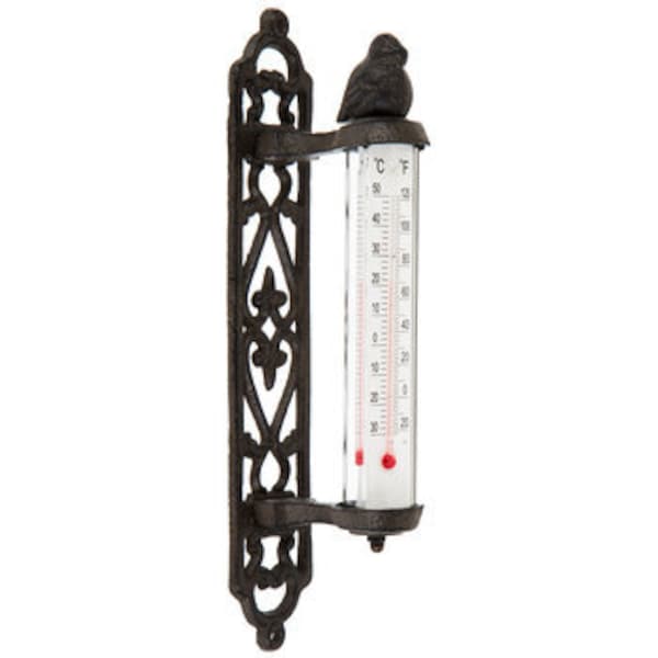 Ornate Cast Iron BIRD TOPPER Outdoor Thermometer Triple Strips