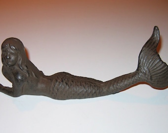 Cast Iron MERMAID Laying Down Paper Weight/Door Stop 10" Antique Patina Finish