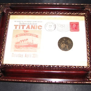 DELUXE Framed 1912 Commemorative Envelope Titanic Ad w/Vintage Stamp & 1912 British Penny  BONUS Gold Plated 1 oz. Ingot in Case