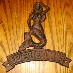WELCOME Mermaid Cast Metal SIGN w/Vintage Finish 7&quot; Tall