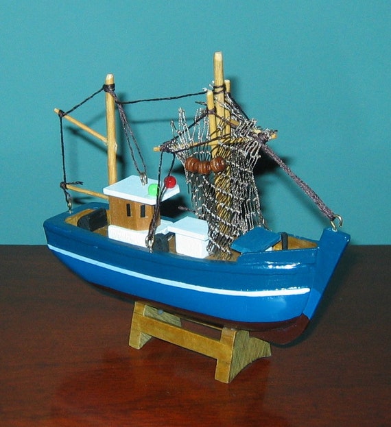 Wooden FISHING BOAT Model Ship 6 Long- Fully Assembled- Blue Hull