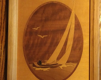 Sailboat Yacht Underway BEAUTIFUL WOOD Inlay MARQUETRY  by Hudson River Artist Jeff Nelson