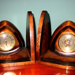 Matching Wooden Bookends Weather Station- Barometer and Thermometer Unique