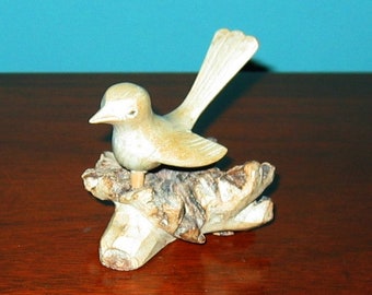 Small Carved Wooden Song Bird on Driftwood base- Wonderful craftwork- Unsigned