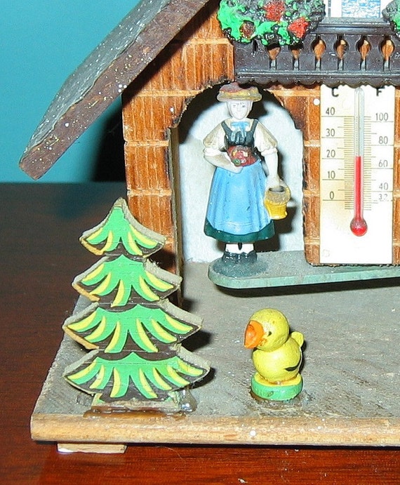 German Wooden Weather House with turning Couple Thermometer 6 x 3 x 5  high