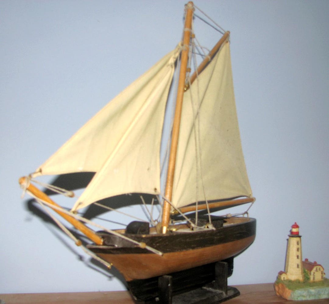 Large Antique Wooden Sailboat Boat Model of a Gaff-rigged Sloop 16 ...