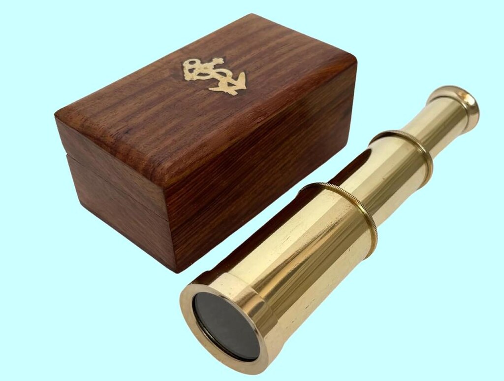 Telescopio Da Esploratore In Ottone Con Custodia In Legno – Stile Pirata, Lunghezza 15.2 Cm, Portachiavi Nautico