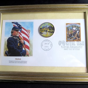 Framed 1995 CIVIL WAR Commemorative Envelope &quot;Battle of Fort Shiloh&quot; w/Cachet plus JFK Colorized Half Dollar