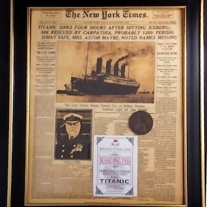 Framed TITANIC Collector Shadow Box featuring New York Times front page, Boarding Pass and authentic 1912 English Large Penny-