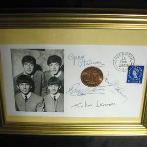 Meet the Beatles! Framed 1964 Commemorative Fantasy Envelope w/Iconic Photo/Signatures and British Coin and Stamp