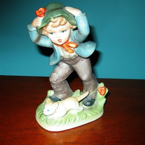 Boy Holding on to Hat with Cat at His Feet. Early Japan Export. Excellent!