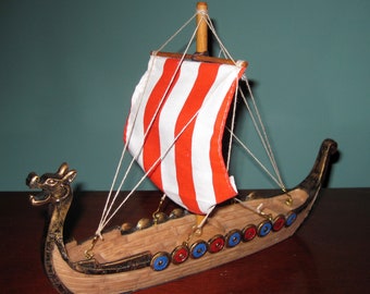 Ship Model of a DRAGON VIKING SHIP w/Cloth Sail and Wooden Mast- Assembled and ready to display.