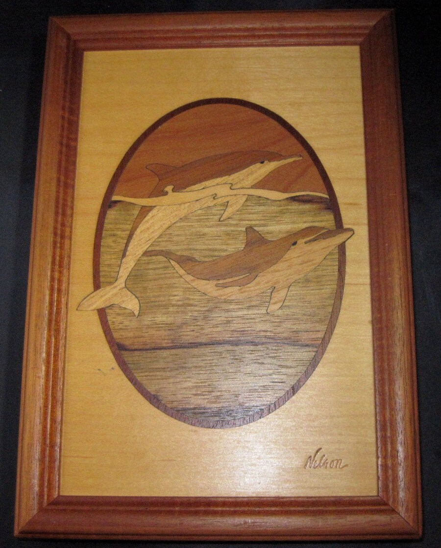 Dolphin Pair! BEAUTIFUL WOOD Inlay MARQUETRY by Hudson River