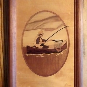 Fisherman on Lake BEAUTIFUL WOOD Inlay MARQUETRY  by Hudson River Artist Jeff Nelson