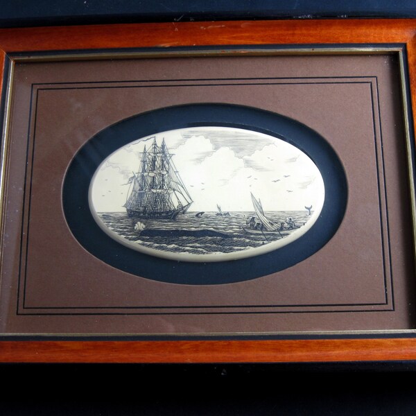 VINTAGE Stephen Barlow Scrimshaw WHALING SCENE  Polymer Faux Huge Oval Framed Matted-