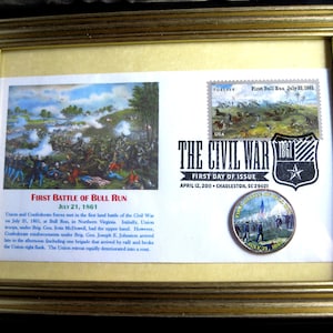 Framed 1861-2011 CIVIL WAR Commemorative Envelope &quot;First Bull Run&quot; w/Cachet plus JFK Colorized Half Dollar