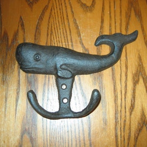 Cast Iron SPERM WHALE Wall HOOK 6 1/2&quot; long Antique Patina Finish- Screws Included