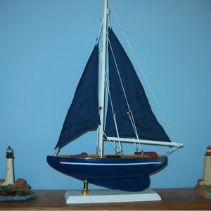Wooden Ship Model- Deep Shoal SLOOP 16&quot; Blue on Blue Sailboat  Assembled and ready to ship.