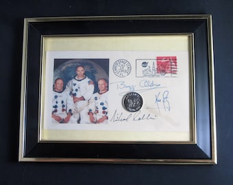 FRAMED 1969 Commemorative Envelope featuring Apollo 11 Moon Mission w/Vintage Stamp & Smithsonian Apollo 11 Coin
