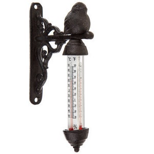 Cast Iron BIRD TOPPER Outdoor Thermometer Triple Strips