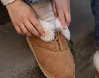 Echte leren muiltjes dames schapenvacht pantoffels comfortabele met wol gevoerde huisschoenen suède laarsjes met rits