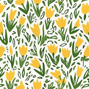 May include: A repeating pattern of yellow tulips and green leaves on a white background. The floral design features stylized tulip blooms and various leaf shapes, creating a fresh and spring-like aesthetic. The pattern is suitable for fabric, wallpaper, or other decorative applications.