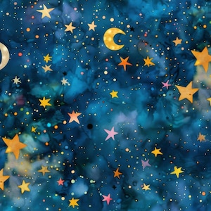 以下が含まれることがあります： 暗い青色の背景に、金色の三日月、星、散らばった点が特徴の、天体テーマの生地。星はサイズと色が異なり、金、オレンジ、ピンクなどがあり、気まぐれな夜空のデザインを作り出しています。