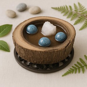 Peut inclure: Un bol en bois à l'extérieur semblable à de l'écorce contient de l'eau, trois sphères bleues mouchetées et un cristal blanc. Le bol repose sur un dessous de plat décoratif en métal noir. Plusieurs pierres lisses et des feuilles vertes sont en arrière-plan.
