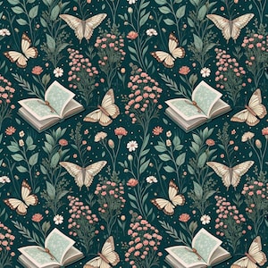 Puede incluir: Patrón repetitivo con mariposas, libros abiertos y elementos florales en tonos crema, rosa y verde sobre un fondo verde oscuro. El diseño incluye varias flores y follaje, creando una estética caprichosa e inspirada en la naturaleza.