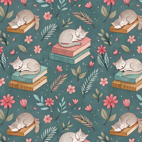 散らばった花びらが描かれた本の上で昼寝をする猫のプリント - 半ヤード単位のコットン生地