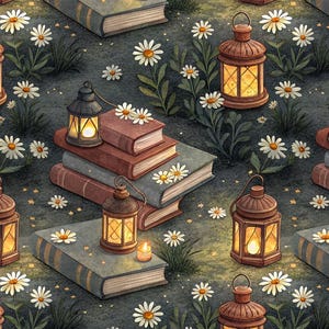 May include: A repeating pattern featuring stacks of books, lanterns, and daisies. The books are in shades of brown and blue-grey, with white daisies scattered around. The lanterns have a warm, glowing light.